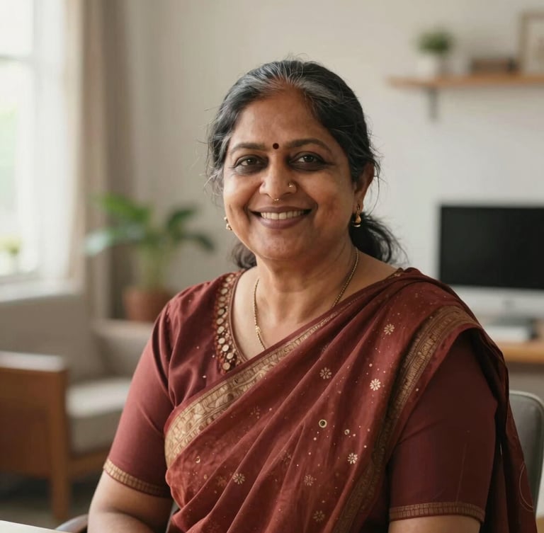 Warm portrait of Coach Asha Gyanchandani, an Indian woman in her 50s, smiling warmly, in a modern, bright home office with soft morning light, shallow depth of field.