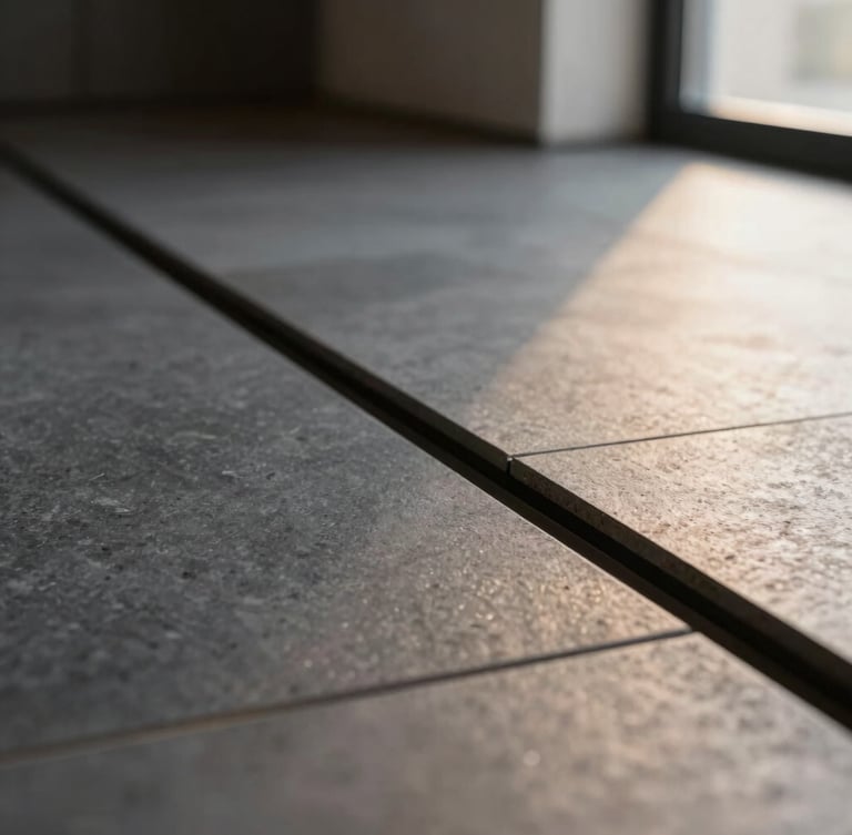 Extreme close-up architectural photography of a concealed linear drain flush with monolithic charcoal stone tile, warm side lighting highlighting the precise mitered edge