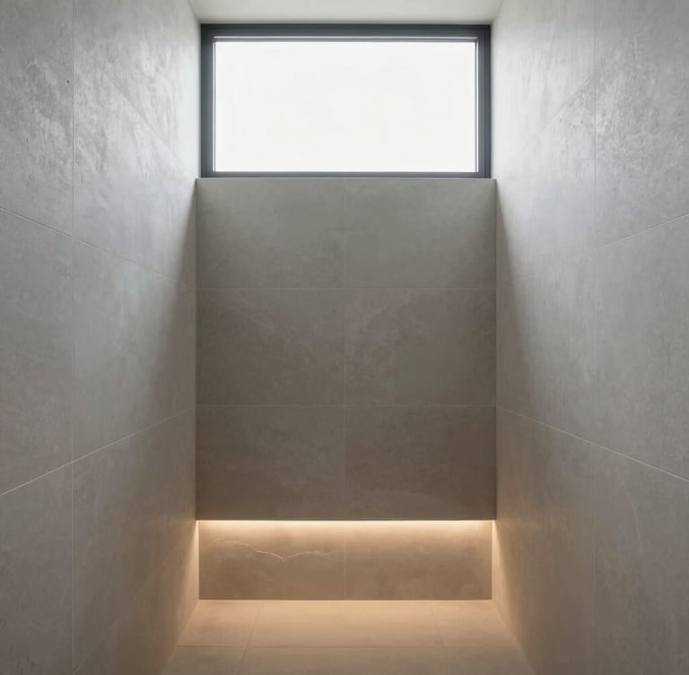 Straight-on architectural photography of a minimalist bathroom wet room, monolithic light gray stone tiles, concealed warm LED glow, soft natural light from a high window