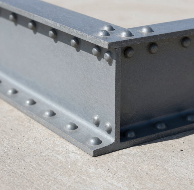 Extreme close-up of a structural steel I-beam join, bolted with heavy rivets, crisp natural daylight casting sharp shadows on concrete, 35mm architectural photo.