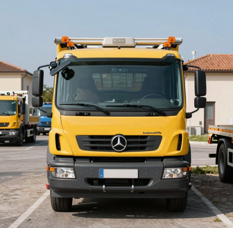 Straight-on eye-level shot of the clean yellow tow truck of Autodemolizioni Rossetti parked in the organized yard in Nettuno, bright natural daylight, crisp details