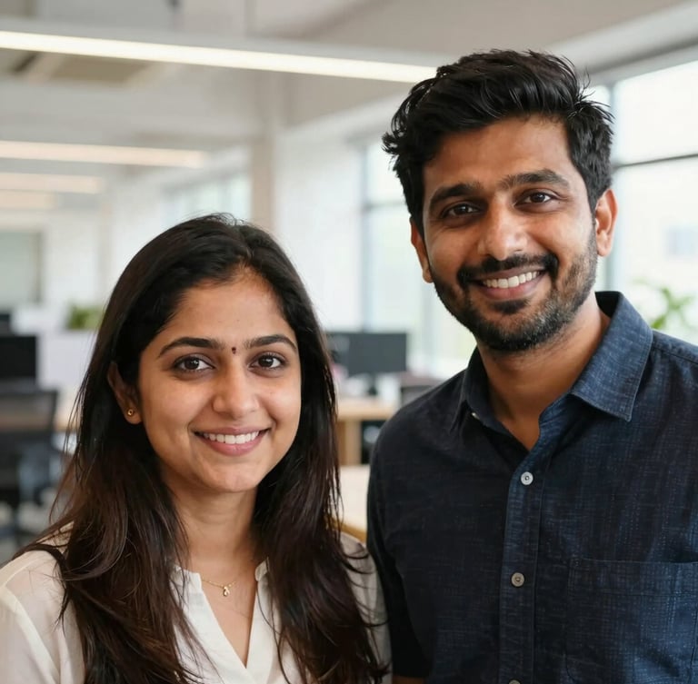 Medium close-up portrait of founders Harshita and Suryadeep smiling in a bright, sunlit modern workspace, warm editorial photography, shallow depth of field, 35mm