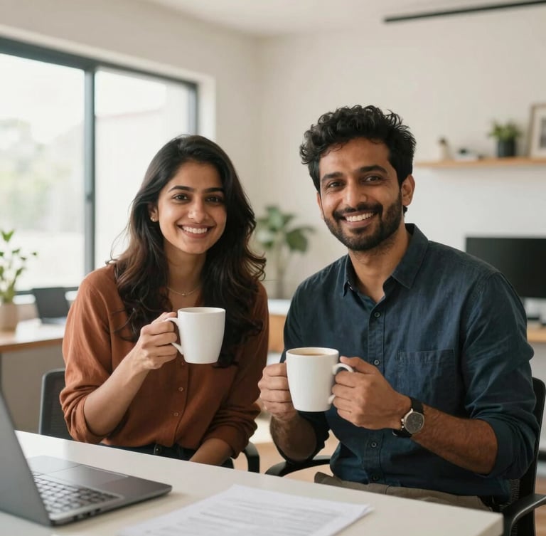 Warm candid portrait of founders Harshita and Suryadeep smiling in a bright, daylight-filled modern home office, holding coffee mugs, professional and approachable, 35mm photography