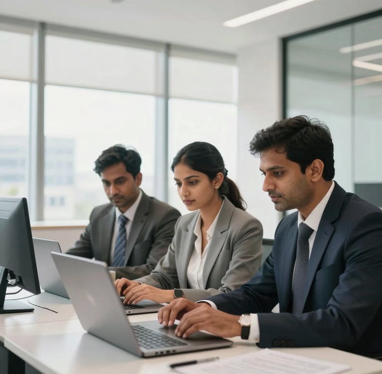 A bright, modern New Delhi corporate office with professional Indian advisors collaborating over laptops, natural daylight, sharp focus, 35mm.