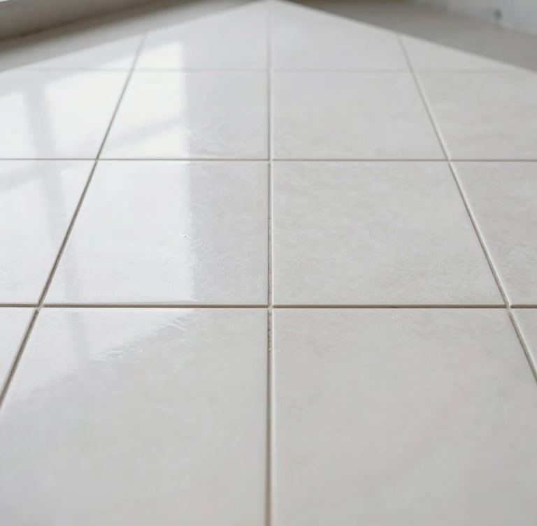 Close-up of perfectly aligned premium porcelain tiles, clean work site, soft natural light reflecting on smooth surfaces, architectural detail, 35mm