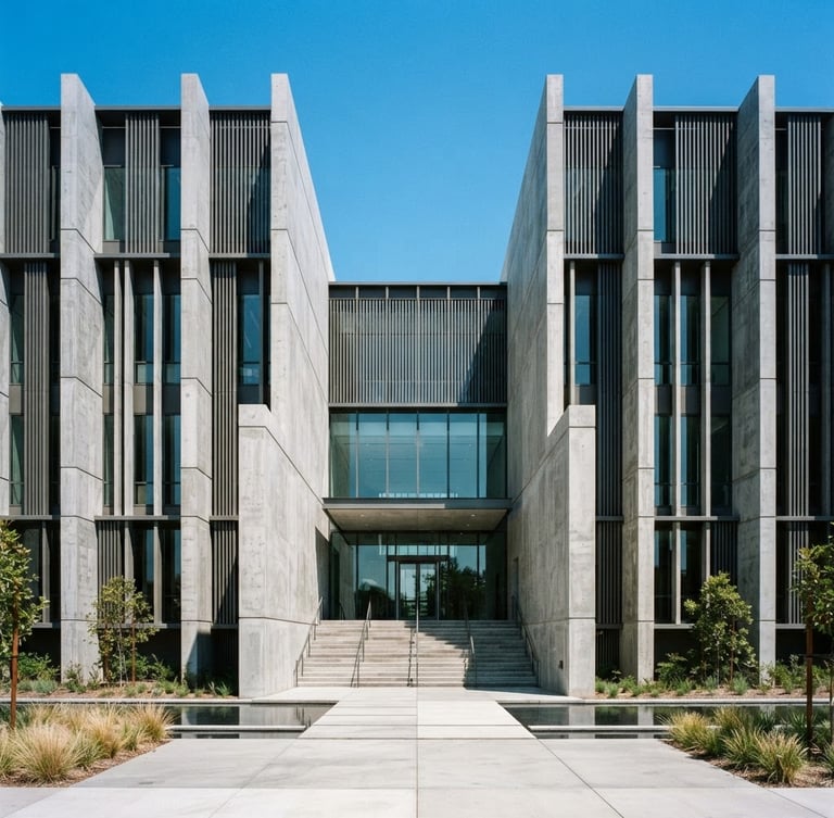 Symmetrical architectural shot of a modern concrete and metal structure, bright natural daylight, clean lines, high-contrast, professional portfolio style, 35mm