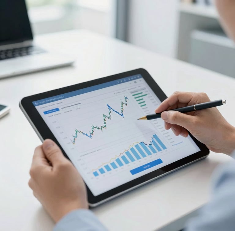 Close-up of a professional analyzing financial charts on a tablet in a bright daylight office, clean corporate photography