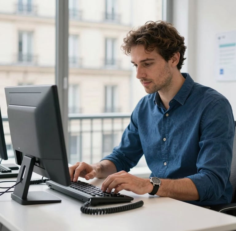A professional French IT manager configuring a modern VoIP desk phone in a bright Parisian office, natural daylight, sharp focus, 35mm