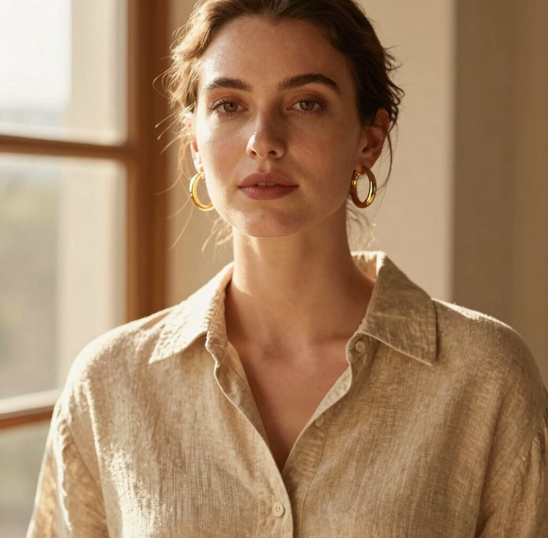 Warm editorial portrait of a woman in a beige linen shirt, wearing elegant gold hoop earrings, soft natural sunlight, shallow depth of field