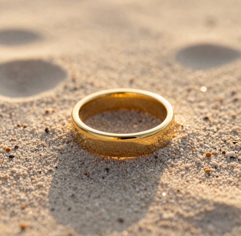 Macro shot of a gold stainless steel textured ring resting on fine white sand, warm golden-hour sunlight casting long soft shadows, 35mm photography