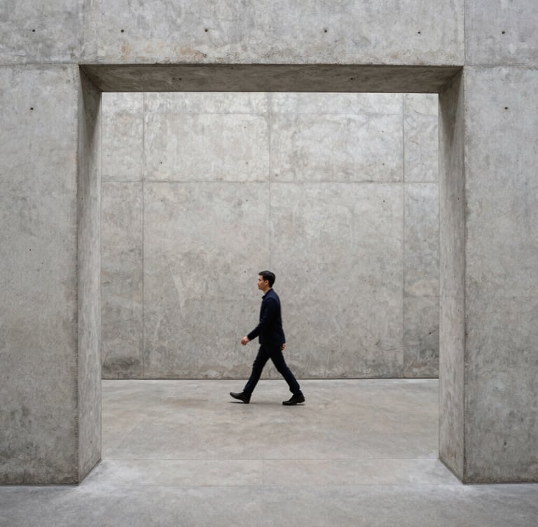 A stark high-contrast vertical documentary photograph, sharp 35mm grain, neutral gallery lighting, a lone figure walking through a concrete architectural space, off-center composition