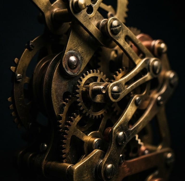 Extreme macro shot of a heavy brass kinetic sculpture, dramatic low-key spotlighting, deep shadows, rich metallic textures, 50mm