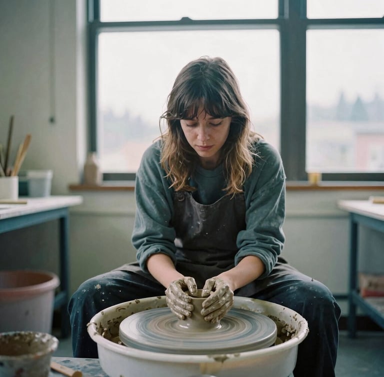 Medium-wide environmental portrait of a Portland artist in their working studio, hands covered in clay, focused on a pottery wheel, soft cool natural light from a large window, 35mm film photography.