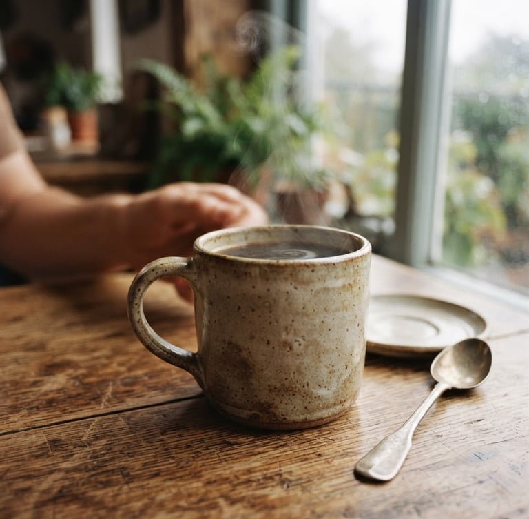 Intimate close-up of a steaming ceramic mug on a wooden table, soft overcast daylight through a window, muted earth tones, 35mm film.