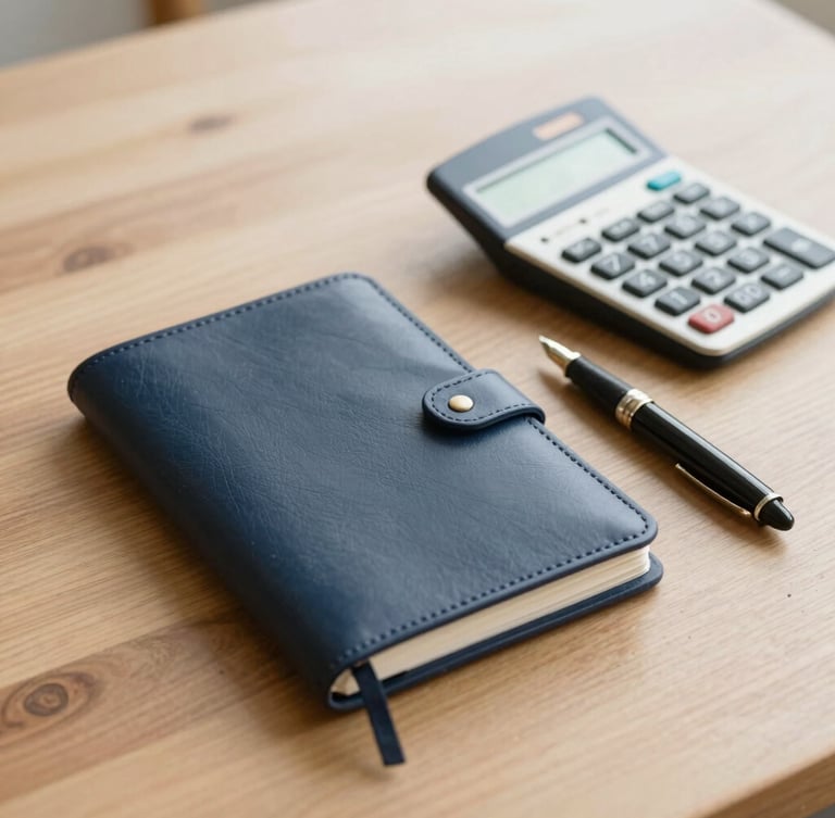 A neat leather notebook open next to a classic calculator and a fountain pen on a warm oak surface, soft daylight, 35mm.