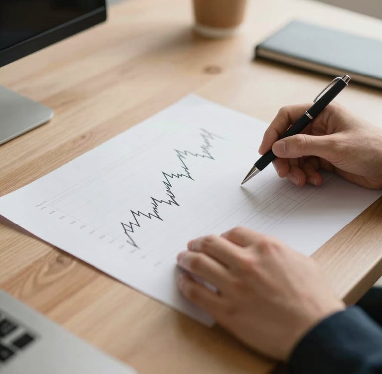 Warm editorial photography of hands analyzing clean financial charts on a wooden desk, soft natural daylight, shallow depth of field, 35mm.