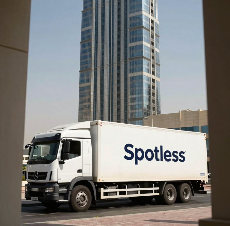 Spotless branded AM Movers truck parked in front of a sleek, modern Abu Dhabi skyscraper during crisp desert daylight, sharp shadows, architectural framing.