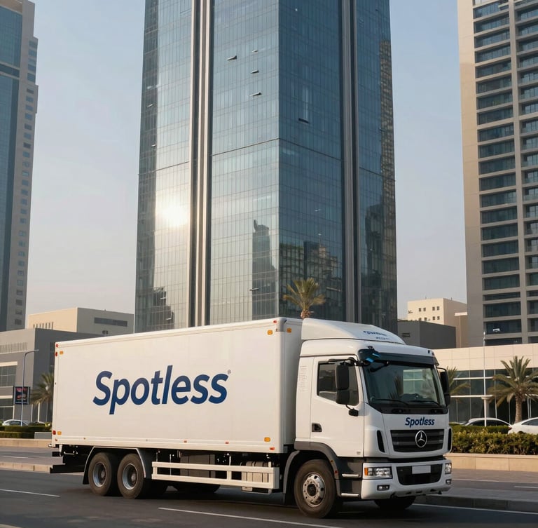 Spotless branded AM Movers truck parked in front of a modern Abu Dhabi glass skyscraper, crisp morning desert light, wide architectural framing showing clean lines.