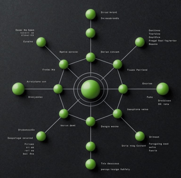 Direct flat-lay screenshot of a complex network topology diagram, featuring clean vector lines, terminal green accent nodes, and precise technical specifications on a dark background.
