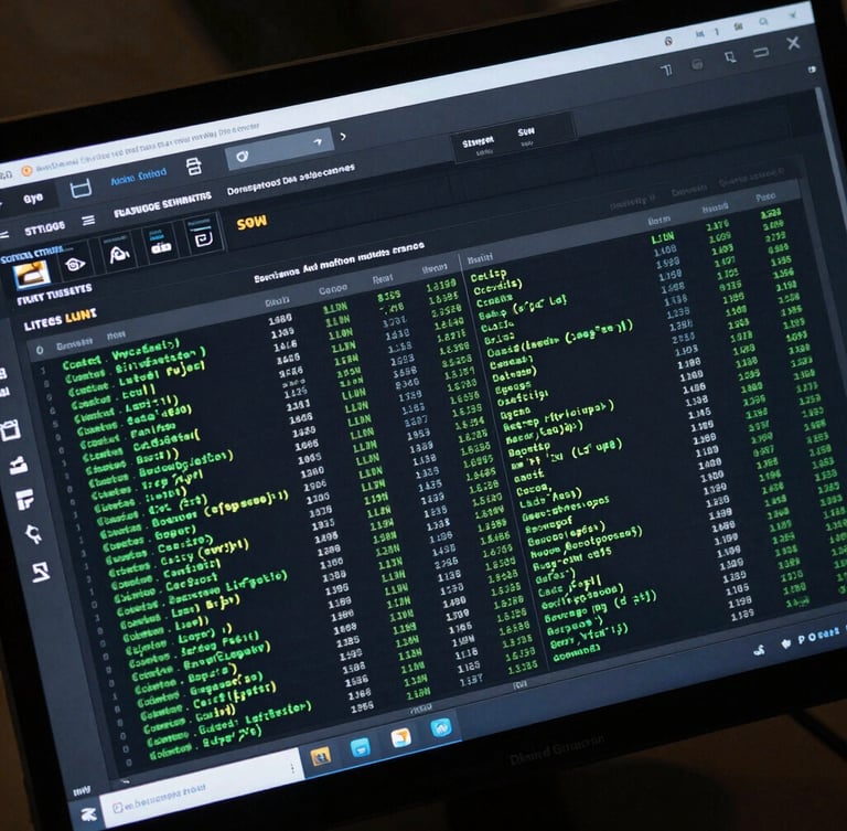 Direct flat-lay screenshot of an enterprise storage administration console, active SAN volumes, LUN allocation tables with monospace text, terminal green syntax highlighting on a dark interface, razor-sharp UI.