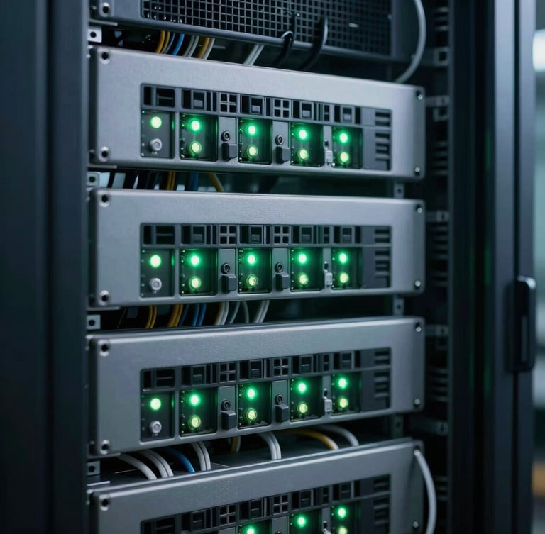 Close-up of pristine server rack cabling with green status lights blinking, clean structured wiring, cool low-key technical lighting.