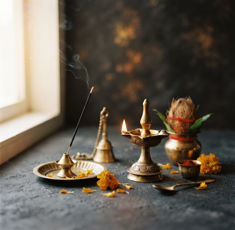 Warm side-lit brass pooja set on a charcoal backdrop, shallow depth of field, natural window light, elegant composition, 35mm