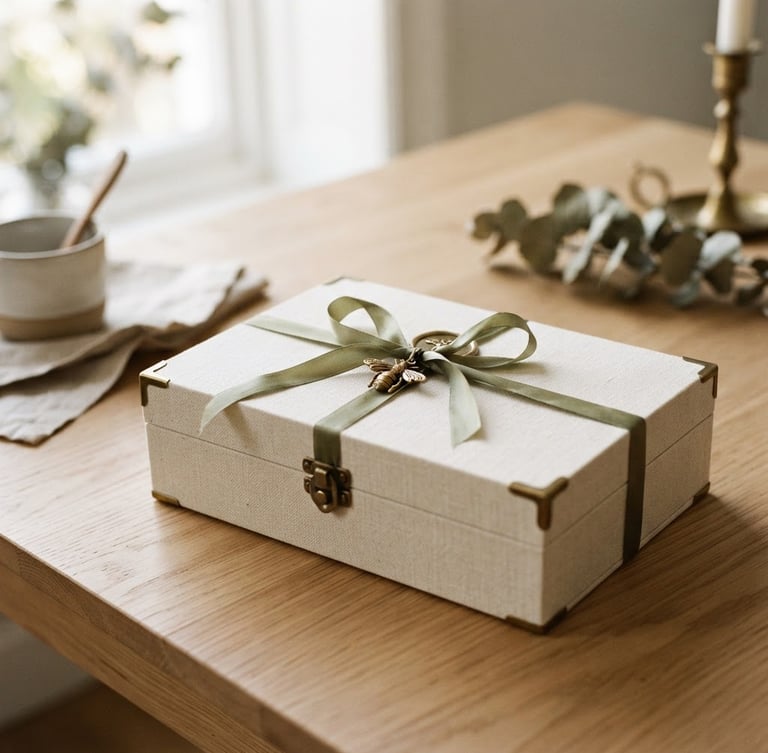 A beautifully styled gift box with brass accents and a delicate ribbon on a minimalist table, soft side-lit window daylight, shallow depth of field, warm editorial product photography.