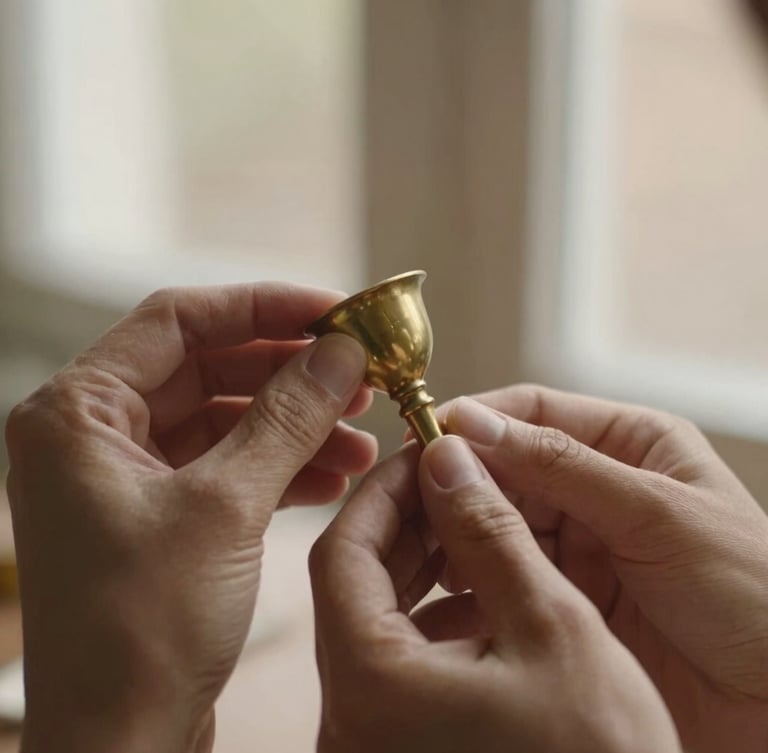 Close-up, shallow depth of field shot of artisan hands gently polishing a brass ritual object, warm soft side-lit window daylight, muted earth tones with subtle gold accents, 35mm.