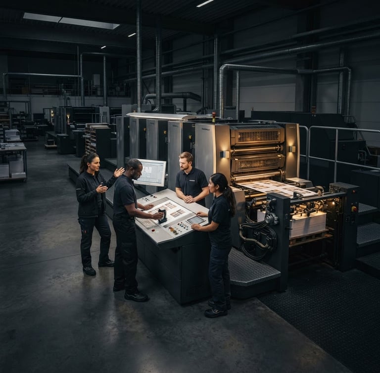 Wide panoramic of a modern, clean printing facility floor, focused on a diverse team of operators collaborating around a large offset printing machine, low-key moody lighting with subtle warm gold highlights, sharp focus.