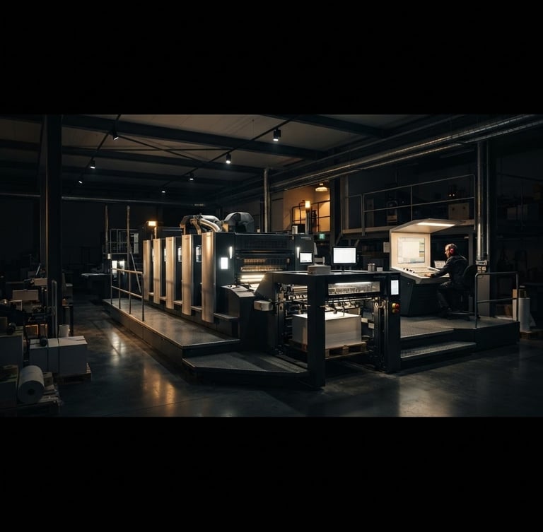 Wide panoramic shot of a modern offset printing facility with high-tech machinery, low-key dramatic industrial lighting, sharp focus, dark overlays, warm gold highlights, 35mm lens, operator monitoring digital console in the background, clean architectural lines.