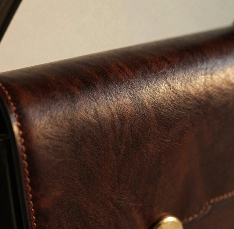 Macro close-up of detailed saddle stitching on a dark mahogany leather bag, warm natural light, soft shadows, 35mm film grain
