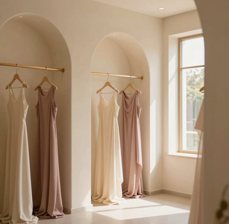 An elegant, minimalist boutique interior in Ampang, featuring soft cream arches, warm lighting, and beautifully draped fabrics.