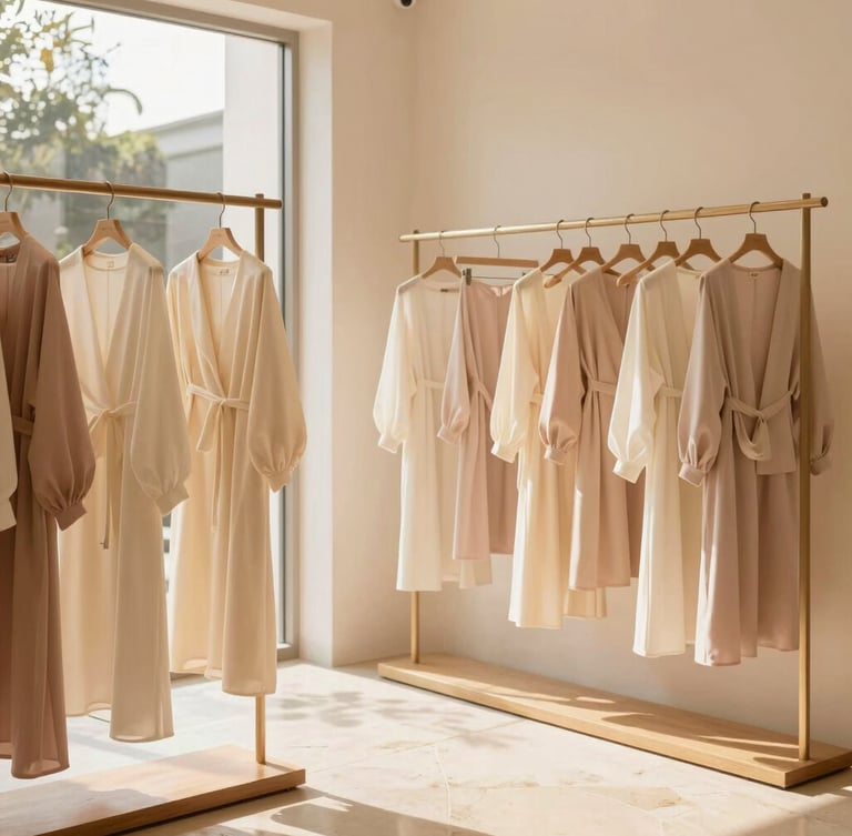 Boutique interior of a high-end fashion showroom in Ampang, featuring minimalist clothing racks with flowing cream garments, warm wood accents, and natural sunlight streaming onto polished stone floors.