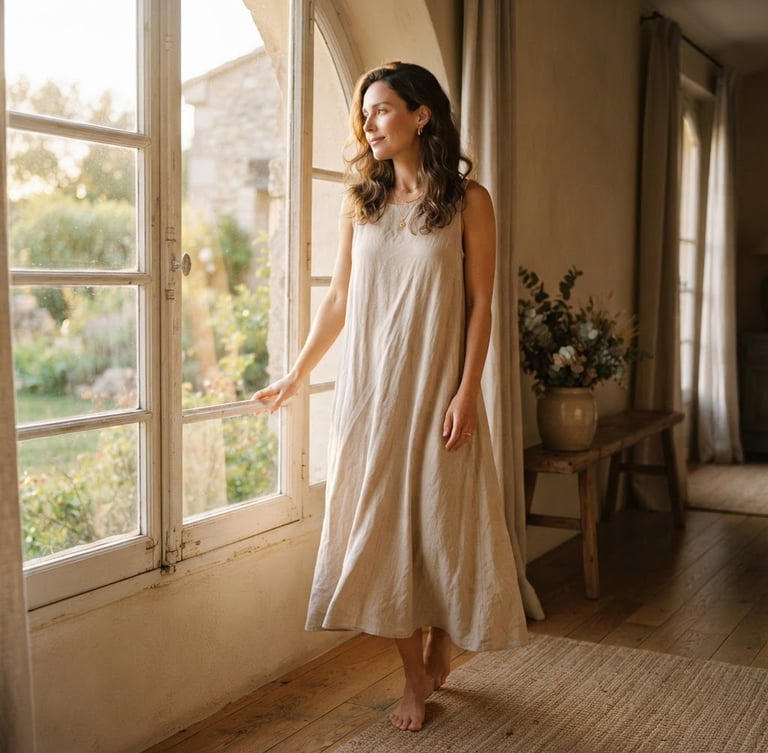 Warm editorial photography of a woman wearing a flowing beige linen dress, standing gracefully by a sunlit window with soft golden-hour shadows, 35mm.