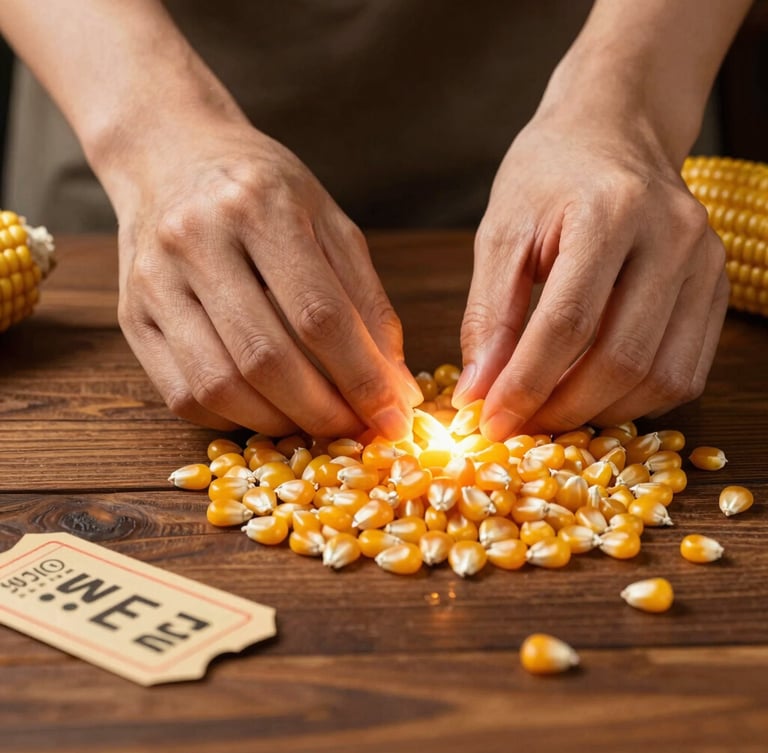 Hands carefully selecting golden corn kernels on a wooden table under dramatic warm projector light, vintage ticket stubs nearby, 35mm film look.