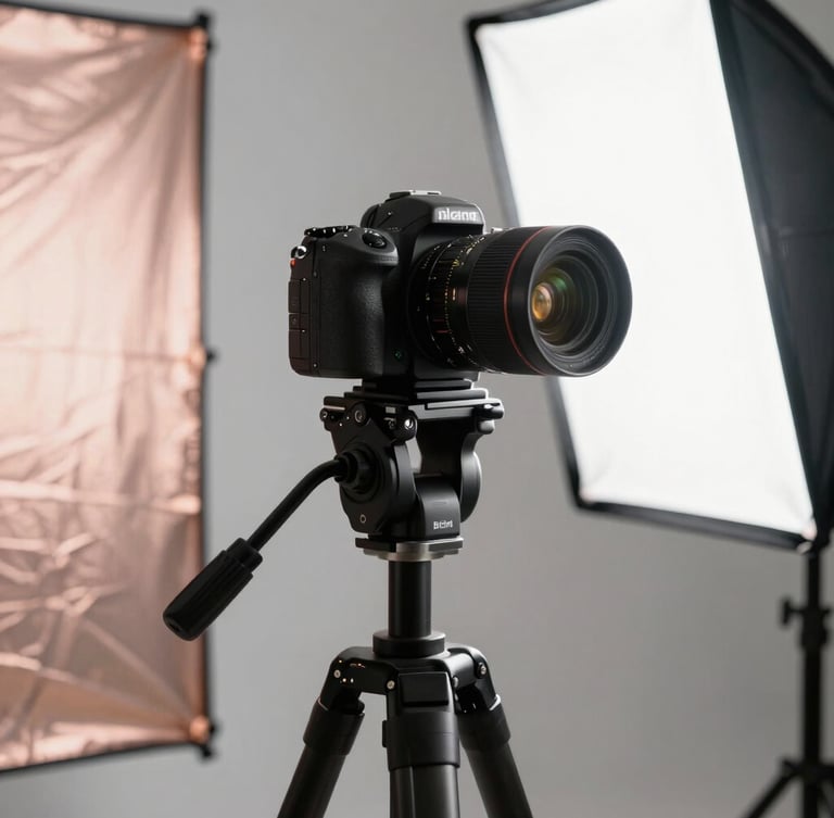 A crisp, high-key studio setup with a professional camera on a tripod, softbox diffuser casting a soft glow, and subtle rose gold reflective panels in the background, editorial style.