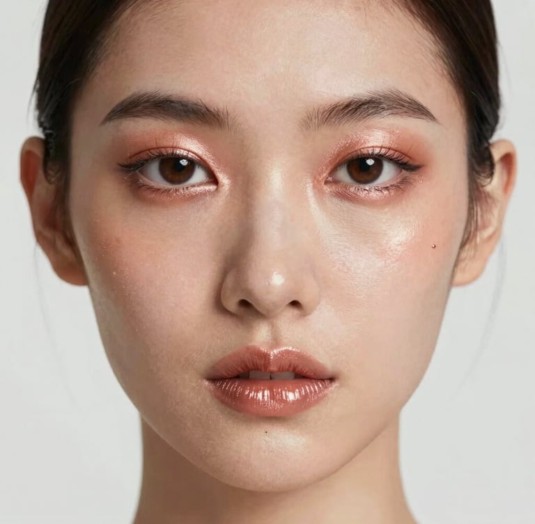 Extreme close-up of high-fashion model crop, soft lighting reflecting off rose gold makeup accents, clean studio background.