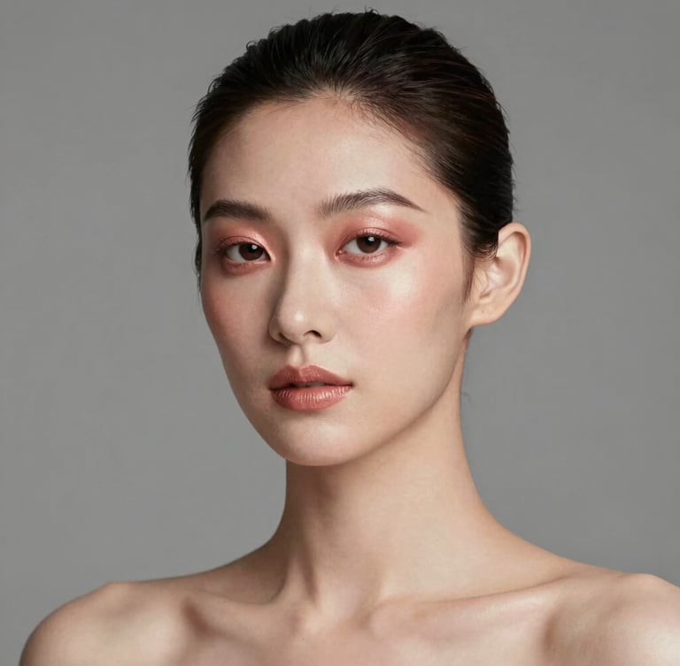A sharp, high-key studio portrait of a model with soft rose gold makeup, clean lighting, minimalist composition, neutral gray background, editorial crop.