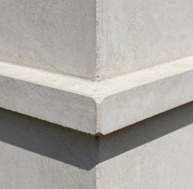 Macro close-up of architectural concrete angles under crisp natural daylight, sharp shadows, cool slate tones