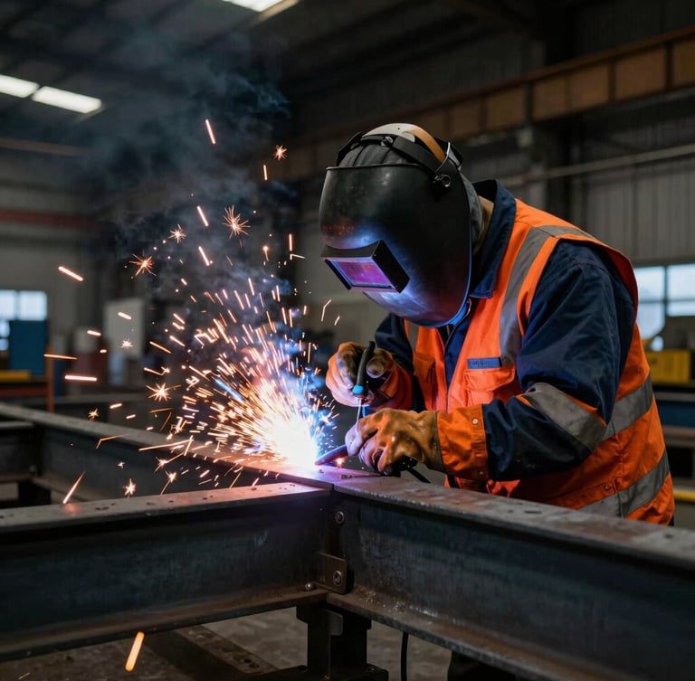 A certified welder in complete PPE, including a heavy welding helmet and reflective safety jacket, working on structural steel with bright orange sparks flying in a dark industrial fabrication shop.