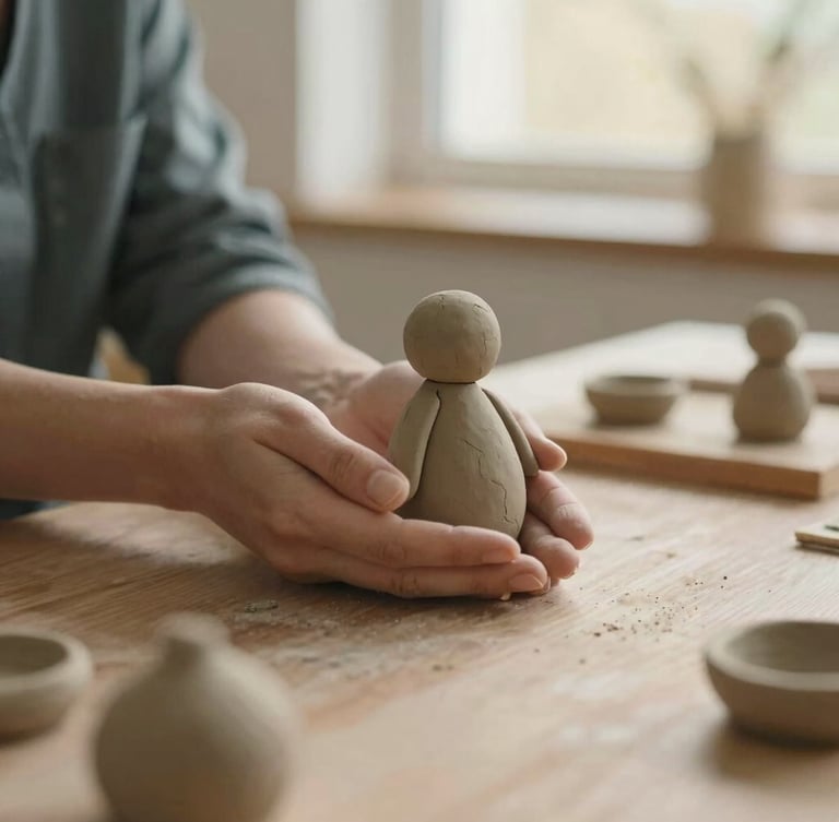 Close-up of therapist hands gently holding clay figures on a wooden table, soft natural golden hour light, muted earthy tones, shallow depth of field