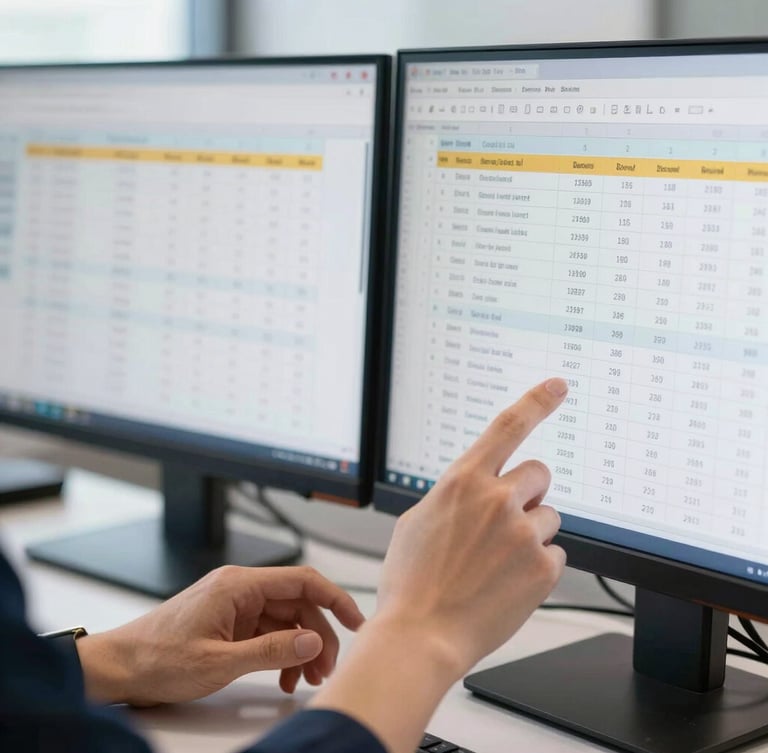 Close-up of clean hands analyzing complex balance sheets on dual monitors in a bright modern office, sharp focus, editorial corporate style