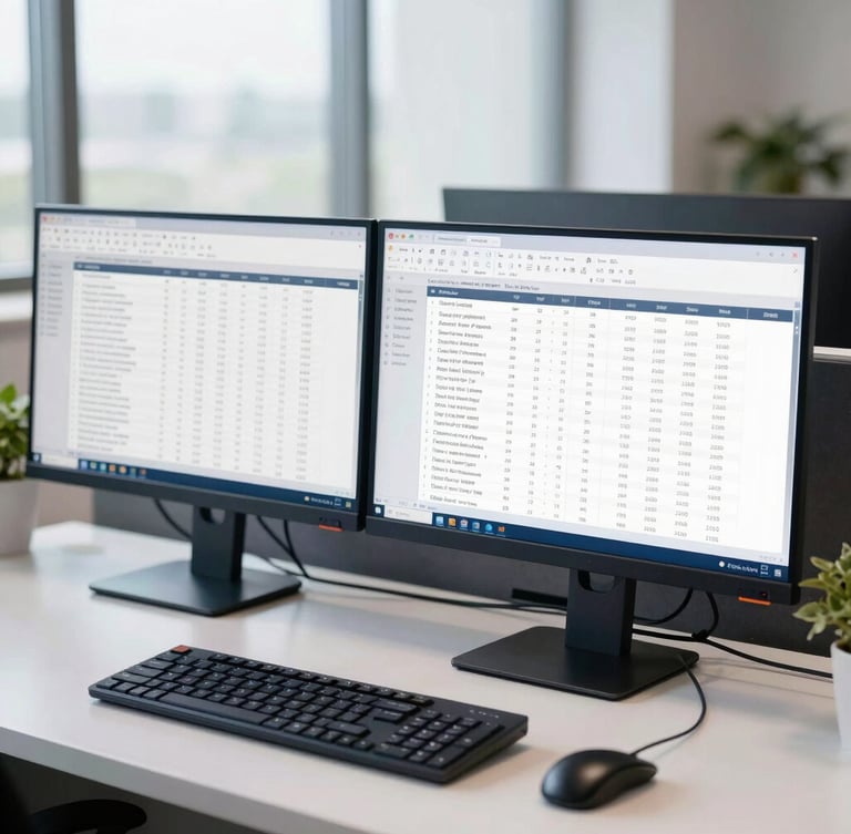 A clean, modern corporate office desk with dual monitors displaying structured financial statements, soft natural daylight, deep navy accents, sharp focus, 35mm