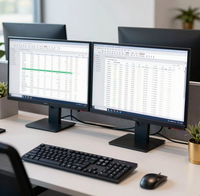Crisp natural office light, a modern corporate desk with dual monitors displaying financial spreadsheets, deep navy accents, sharp focus, 35mm