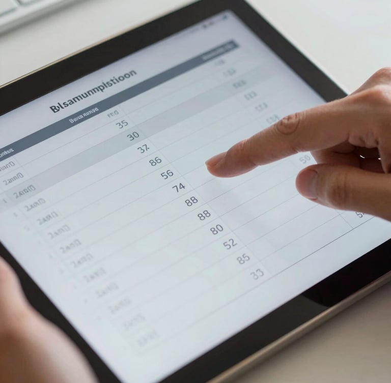 Macro close-up of hands reviewing complex balance sheets on a tablet screen, structured architectural lines in the background, cool studio lighting, 35mm