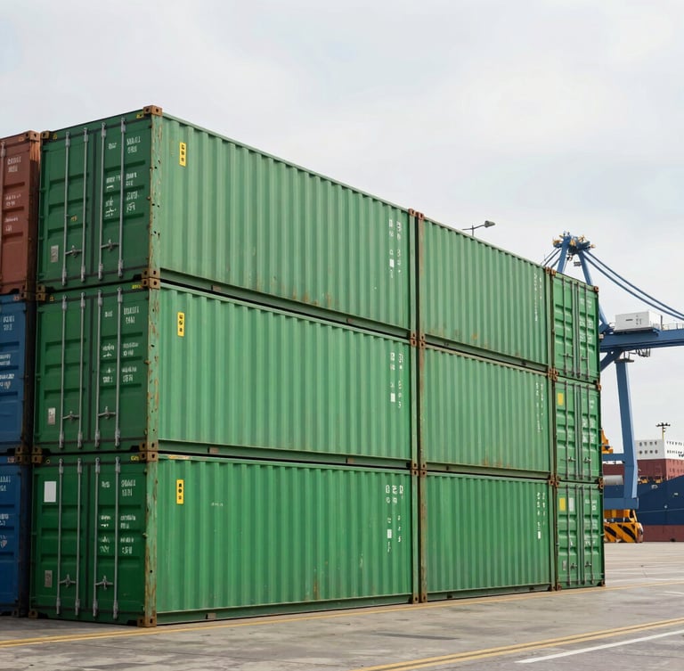 Wide-angle side view of neatly stacked green shipping containers at a modern maritime port under bright overcast daylight, industrial crane in background.