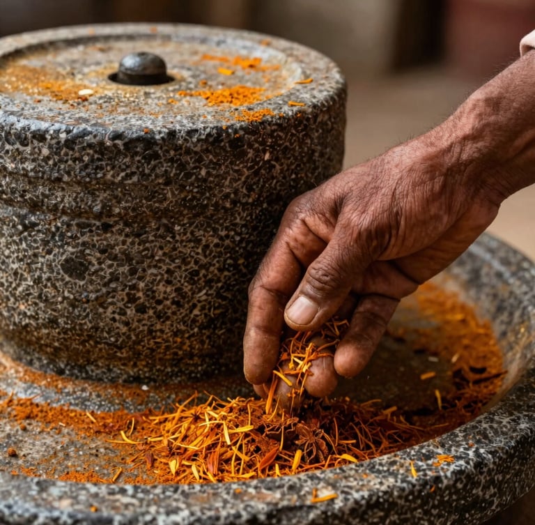Portrait shot of a weathered hand gently guiding spices into a traditional stone mill, warm side-lighting, shallow depth of field, showcasing texture.