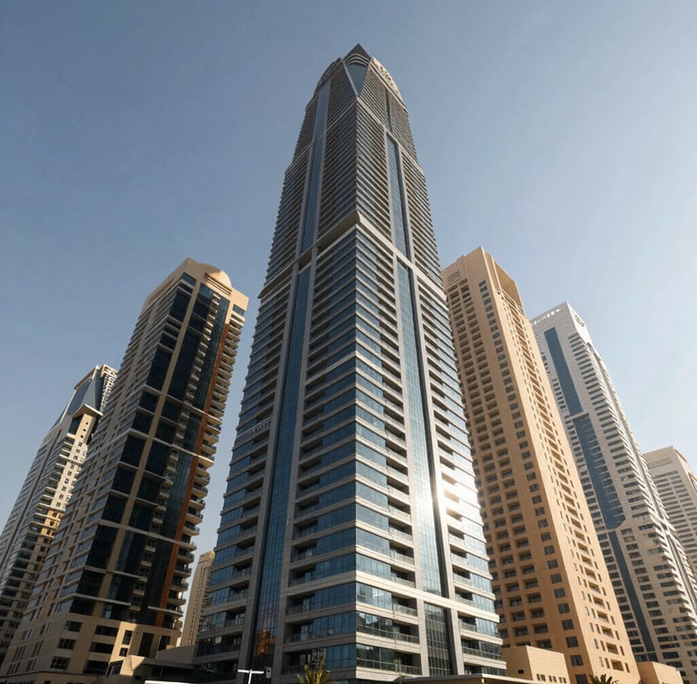 Wide-angle architectural photograph of a modern high-rise in Dubai Marina during bright daylight, showing crisp structural lines and high-contrast shadows.
