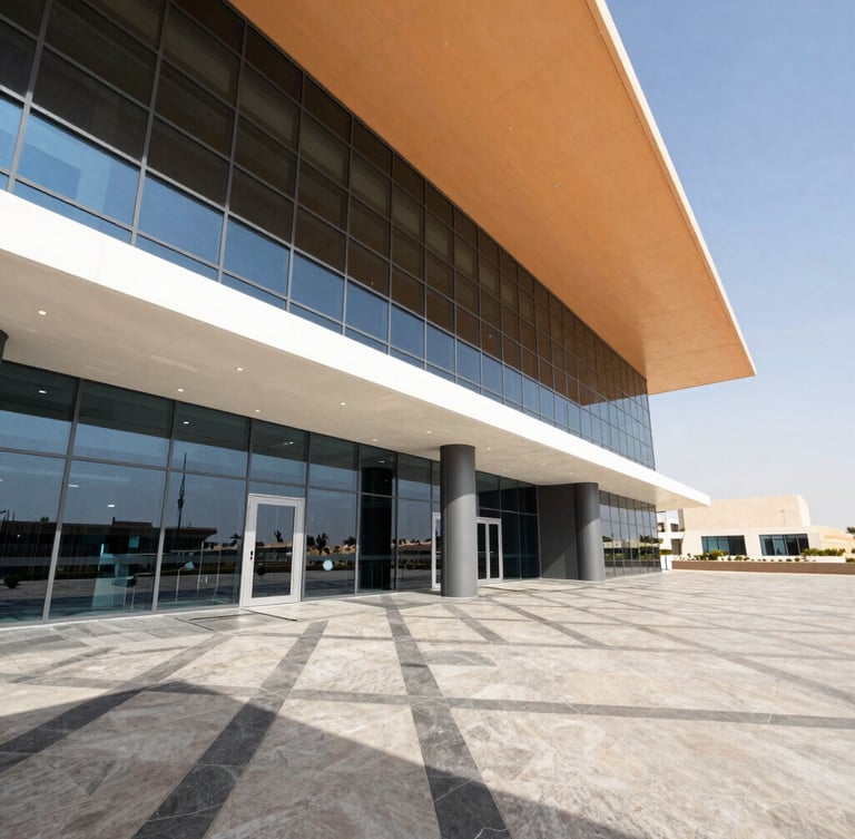 Wide-angle architectural photograph of a modern Dubai office lobby, featuring geometric floor tiling and integrated false ceiling lighting, captured in crisp desert daylight.