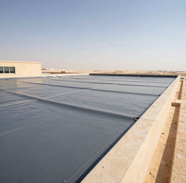 Wide-angle architectural shot of a modern high-rise roof in Dubai under bright desert sunlight, showing a clean, professionally installed grey waterproofing membrane with precise seams.